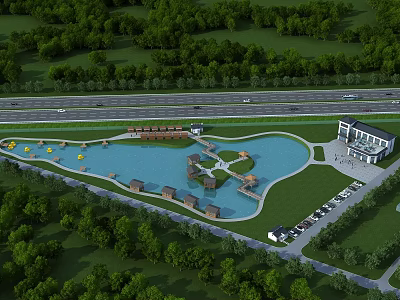 Beautiful Waterside Garden Landscape With Large Manmade Lake Wooden Huts And Complete Supporting Leisure Facilities 3d model