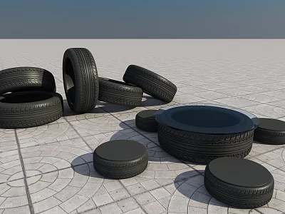 Stacked and Placed Tires on Brick Paved Ground with Whole Tires and Cut Round Cushions 3d model