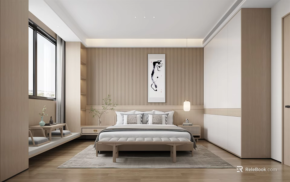 Modern Wooden Bedroom Interior Design With Bed Framed Artwork Window And Nightstand 3d model 