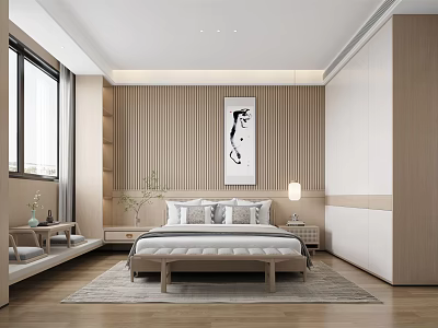 Modern Wooden Bedroom Interior Design With Bed Framed Artwork Window And Nightstand 3d model