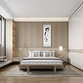 Modern Wooden Bedroom Interior Design With Bed Framed Artwork Window And Nightstand