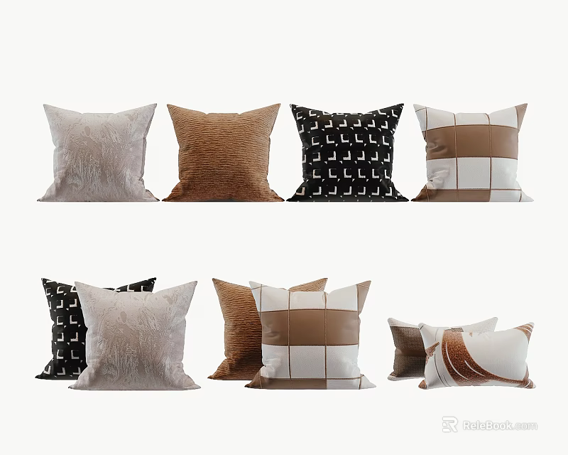 Stylish Decorative Throw Pillows With Brown Black White And Checkerboard Patterns 3d model