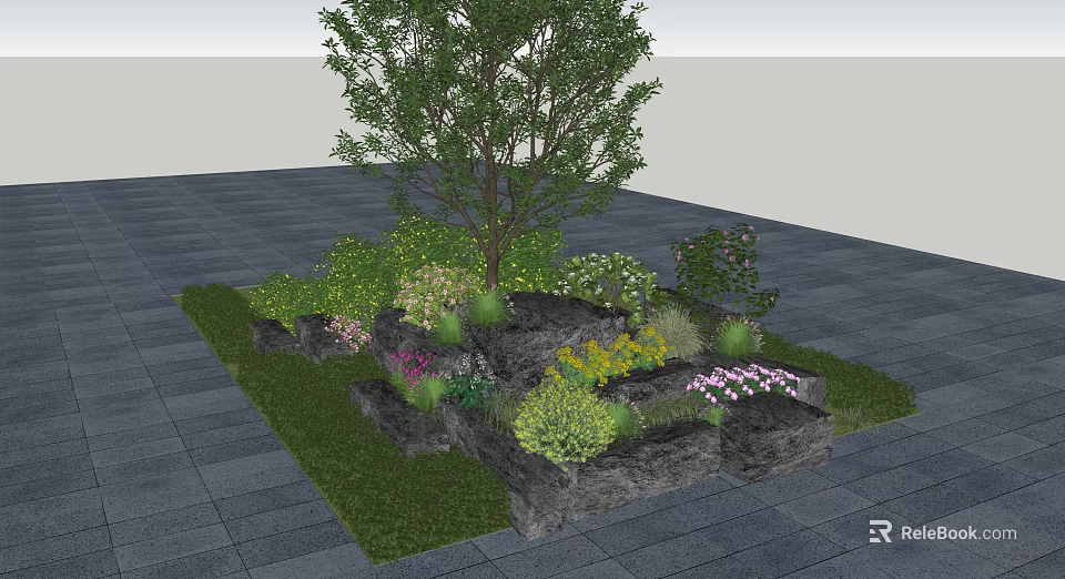 Garden Ornament With Stone Flower Beds Various Plants Tree Grass And Paved Ground 3d model 