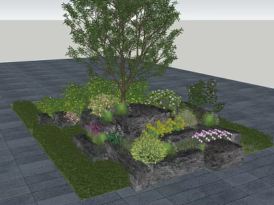 Garden Ornament With Stone Flower Beds Various Plants Tree Grass And Paved Ground 3d model