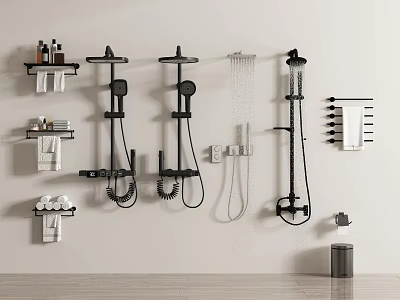 Modern Black Shower Systems with Shelves Towel Racks and Bathroom Accessories 3d model