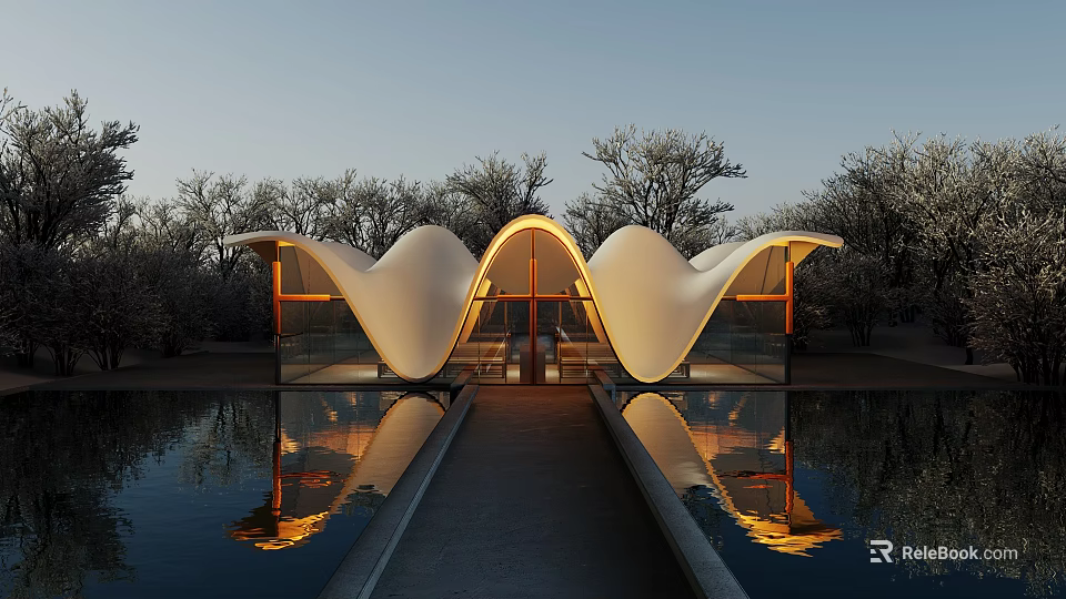 Scenic Park Landscape With Illuminated Wavy Roof Building Pond Reflection And Trees 3d model 