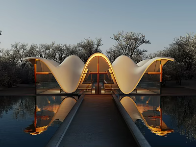 Scenic Park Landscape With Illuminated Wavy Roof Building Pond Reflection And Trees 3d model