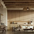 Cozy Rustic Living And Dining Room With Natural Wood Accents And Large Scenic Floor Windows