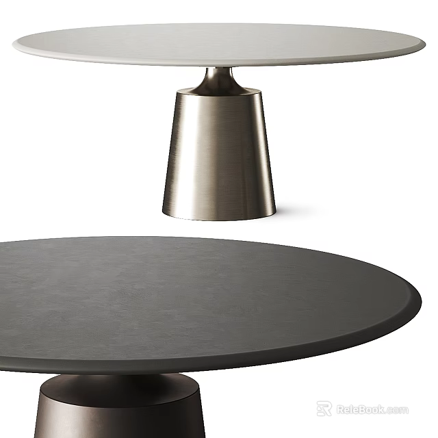 Modern Round Dining Table With Dark Gray Tabletop And Conical Brushed Metal Base 3d model