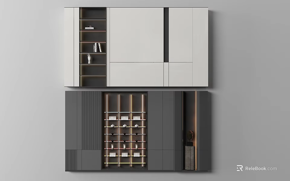 Modern Background Wall Cabinetry With Upper White Storage And Lower Dark Gray Wine Rack 3d model