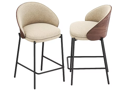 Modern Bar Stools with Beige Fabric Seat Backrest and Wooden Back Panel Black Metal Legs 3d model