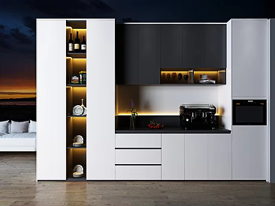 Modern Elegant White And Dark Gray Sideboard With Drawers Cabinets Open Shelves In Kitchen 3d model