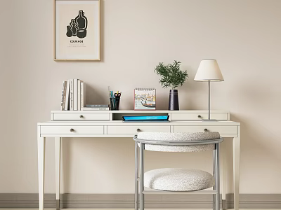 Minimalist White Desk With Books Pencils Plant Lamp Stool And Print On Beige Wall 3d model