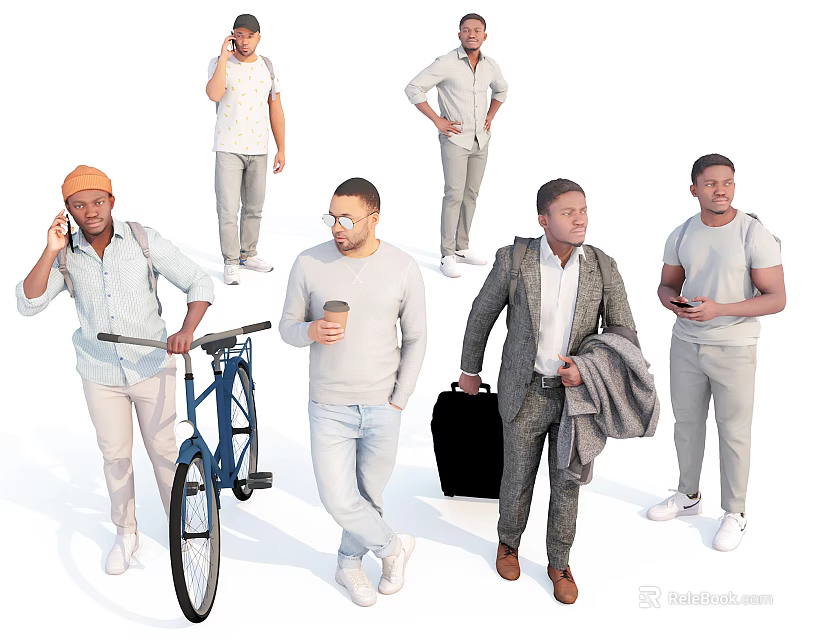 Men Walking Talking On Phone Holding Bicycle Coffee Cup Briefcase And Casual Formal Attire 3d model 