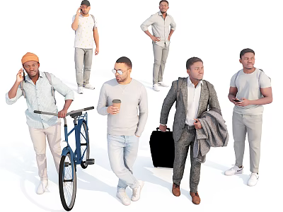 Men Walking Talking On Phone Holding Bicycle Coffee Cup Briefcase And Casual Formal Attire 3d model