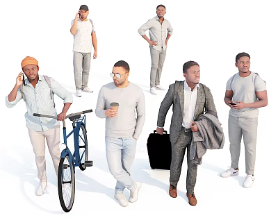 Men Walking Talking On Phone Holding Bicycle Coffee Cup Briefcase And Casual Formal Attire 3d model