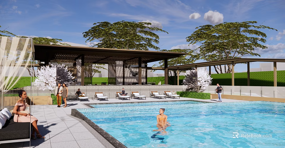 Outdoor Pergola By Swimming Pool With Loungers Trees And People Relaxing 3d model 