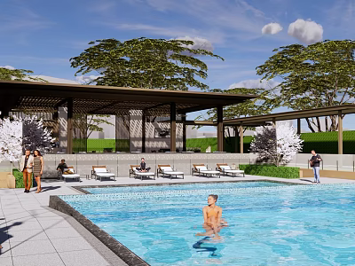 Outdoor Pergola By Swimming Pool With Loungers Trees And People Relaxing 3d model