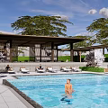 Outdoor Pergola By Swimming Pool With Loungers Trees And People Relaxing