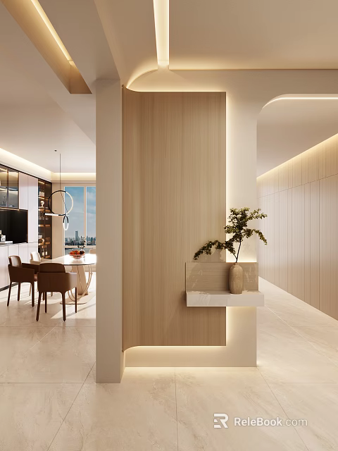 Modern Entryway Hallway Design With Wooden Accent Wall Recessed Lighting And Decorative Vase 3d model 