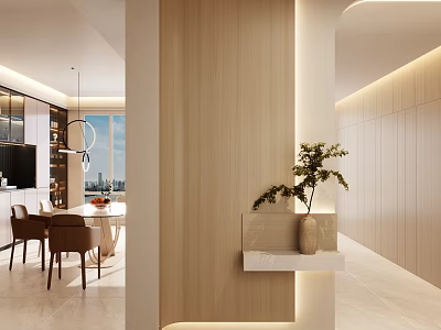 Modern Entryway Hallway Design With Wooden Accent Wall Recessed Lighting And Decorative Vase 3d model