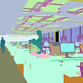 Modern Public Open Office Space With White Desks Computer Monitors Green Plants And Blue Ceiling