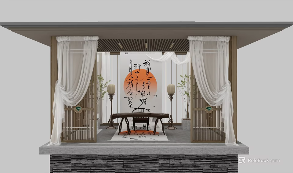 Traditional Chinese Pavilion Space With Guzheng Red Circular Decoration And White Curtains 3d model 
