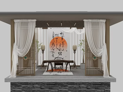 Traditional Chinese Pavilion Space With Guzheng Red Circular Decoration And White Curtains 3d model