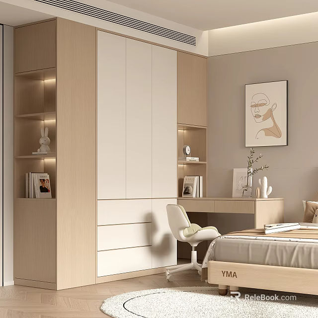 Modern Light Wood Built in Wardrobe Design With Bookshelf Desk And Minimalist Bedroom Storage 3d model 