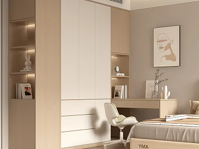 Modern Light Wood Built in Wardrobe Design With Bookshelf Desk And Minimalist Bedroom Storage 3d model