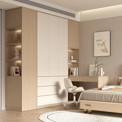 Modern Light Wood Built in Wardrobe Design With Bookshelf Desk And Minimalist Bedroom Storage 3d model