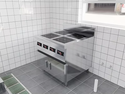 Cafeteria Kitchen Area Featuring Stainless Steel Cooking Range White Tile Walls And Gray Floor Tiles 3d model