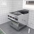 Cafeteria Kitchen Area Featuring Stainless Steel Cooking Range White Tile Walls And Gray Floor Tiles