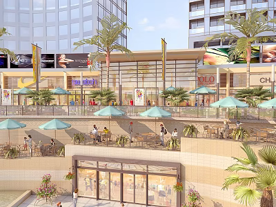 Vibrant Commercial Street With Tall Buildings Palm Trees Umbrellas Outdoor Seating And People 3d model