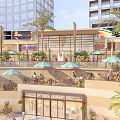 Vibrant Commercial Street With Tall Buildings Palm Trees Umbrellas Outdoor Seating And People