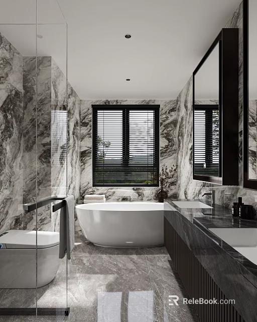 Modern Luxury Bathroom With Natural Marble Walls Freestanding White Bathtub And Dark Double Sink Vanity 3d model 
