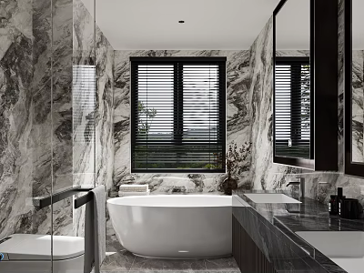 Modern Luxury Bathroom With Natural Marble Walls Freestanding White Bathtub And Dark Double Sink Vanity 3d model