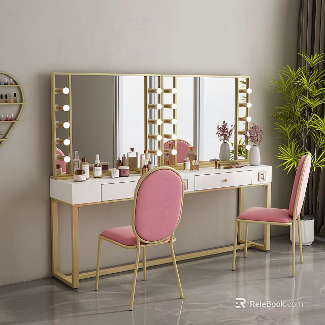 Elegant Gold Frame Dressing Table With Lighted Mirror Pink Chairs White Top And Cosmetics 3d model 