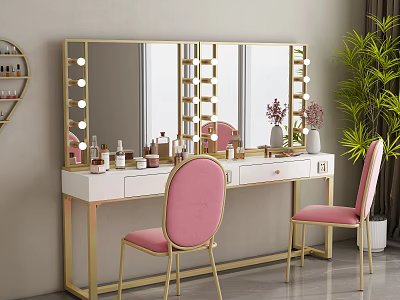 Elegant Gold Frame Dressing Table With Lighted Mirror Pink Chairs White Top And Cosmetics 3d model