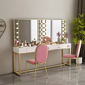 Elegant Gold Frame Dressing Table With Lighted Mirror Pink Chairs White Top And Cosmetics