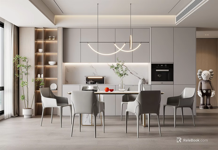 Modern Restaurant Interior Design With Dining Table Chairs Pendant Lights And Cabinets 3d model