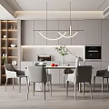 Modern Restaurant Interior Design With Dining Table Chairs Pendant Lights And Cabinets