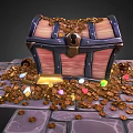 Ancient Wooden Treasure Chest With Scattered Gold Coins And Colorful Gemstones On Stone Floor