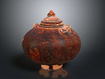 Traditional Reddish Brown Ceramic Jar With Textured Surface Lid And Base 3d model