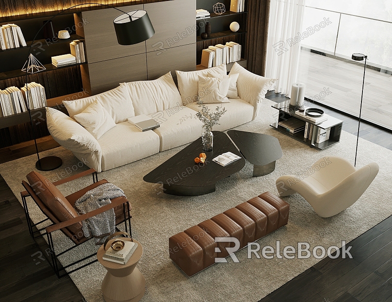 Modern Sofa Coffee Table Combination Multi-person Sofa Leisure Chair Floor Lamp Side Bookshelf model