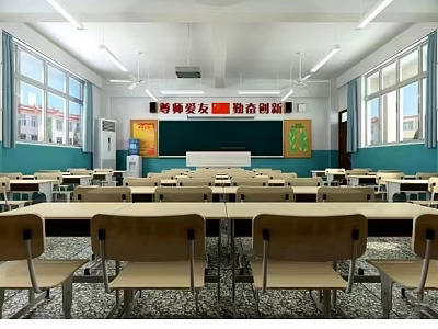 School Classroom With Neat Desks Chairs Blackboard Slogan And Bright Windows 3d model