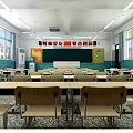 School Classroom With Neat Desks Chairs Blackboard Slogan And Bright Windows