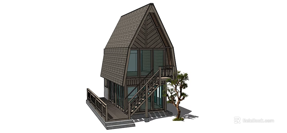 Wooden House Exterior With Gabled Roof Large Windows Balcony And Staircase 3d model 