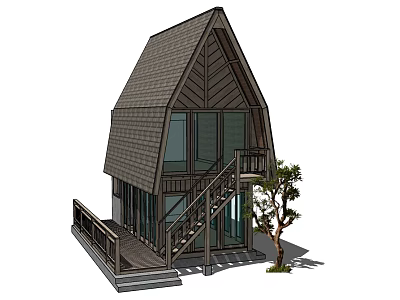 Wooden House Exterior With Gabled Roof Large Windows Balcony And Staircase 3d model