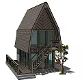 Wooden House Exterior With Gabled Roof Large Windows Balcony And Staircase